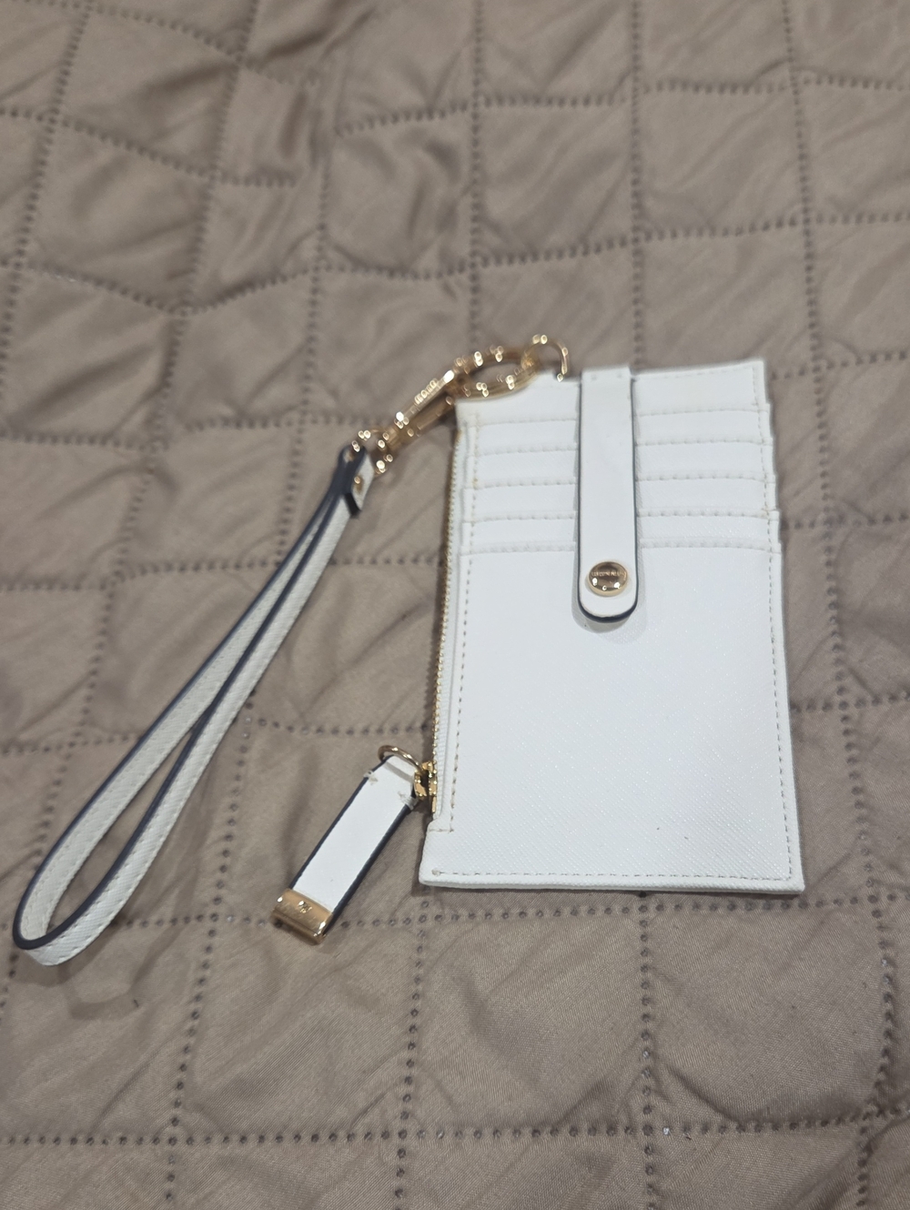 White Wristlet Card Holder with Gold Accents